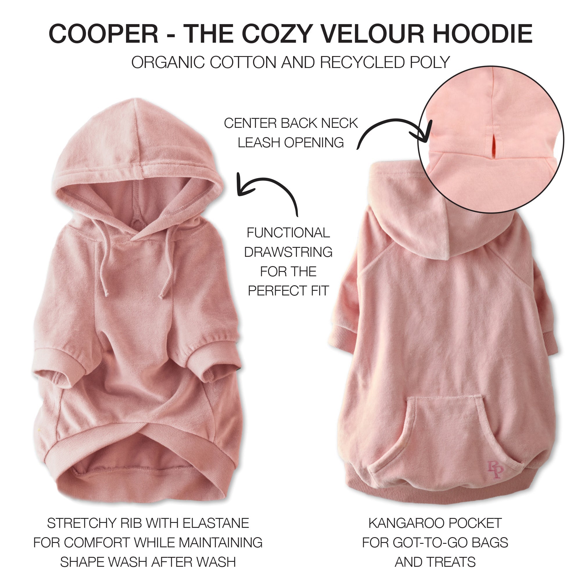 Pet Passion Cooper II cozy velour dog hoodie in Pink — soft organic cotton velour sweatshirt for small to large dogs