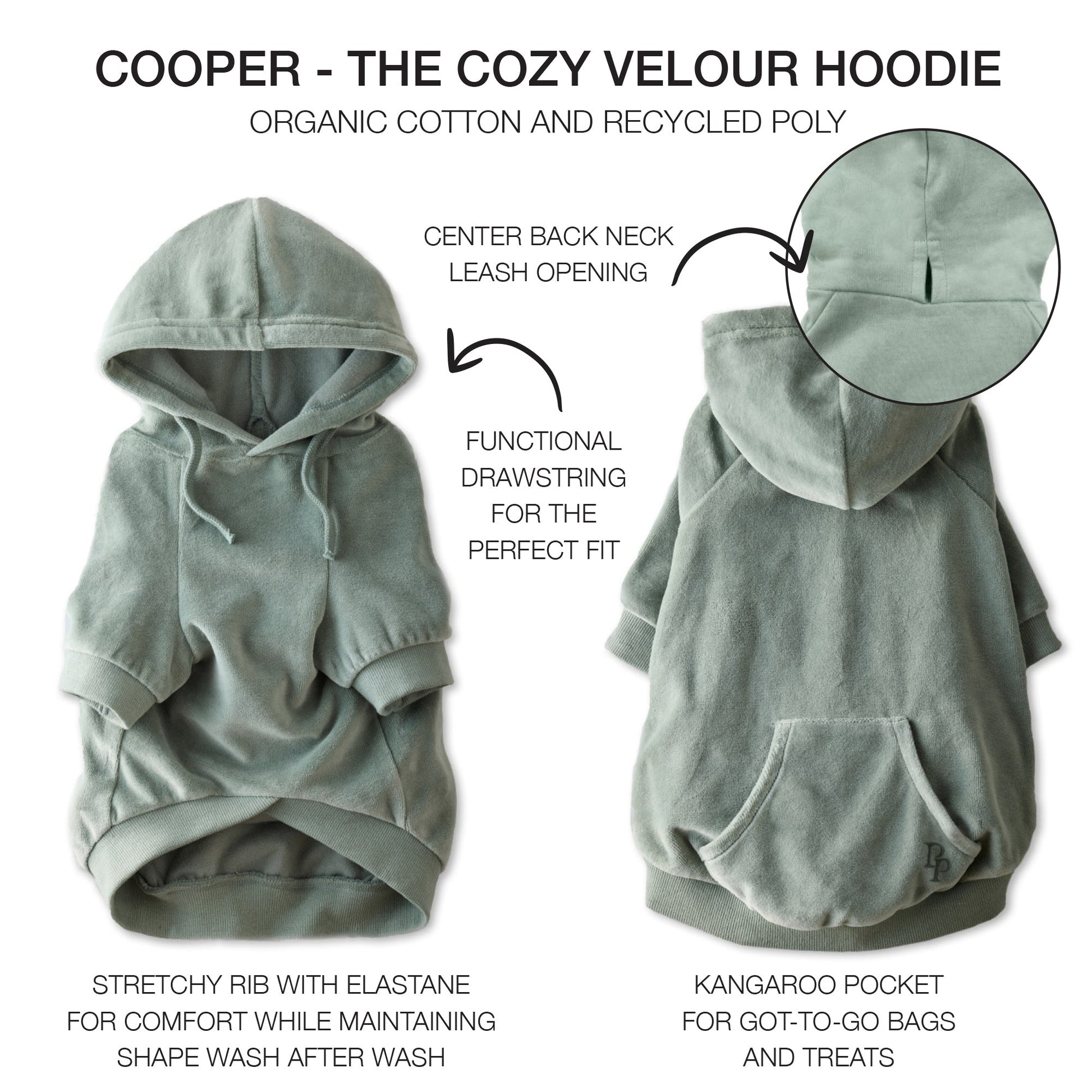 Pet Passion Cooper II cozy velour dog hoodie in Sage — soft organic cotton velour sweatshirt for small to large dogs