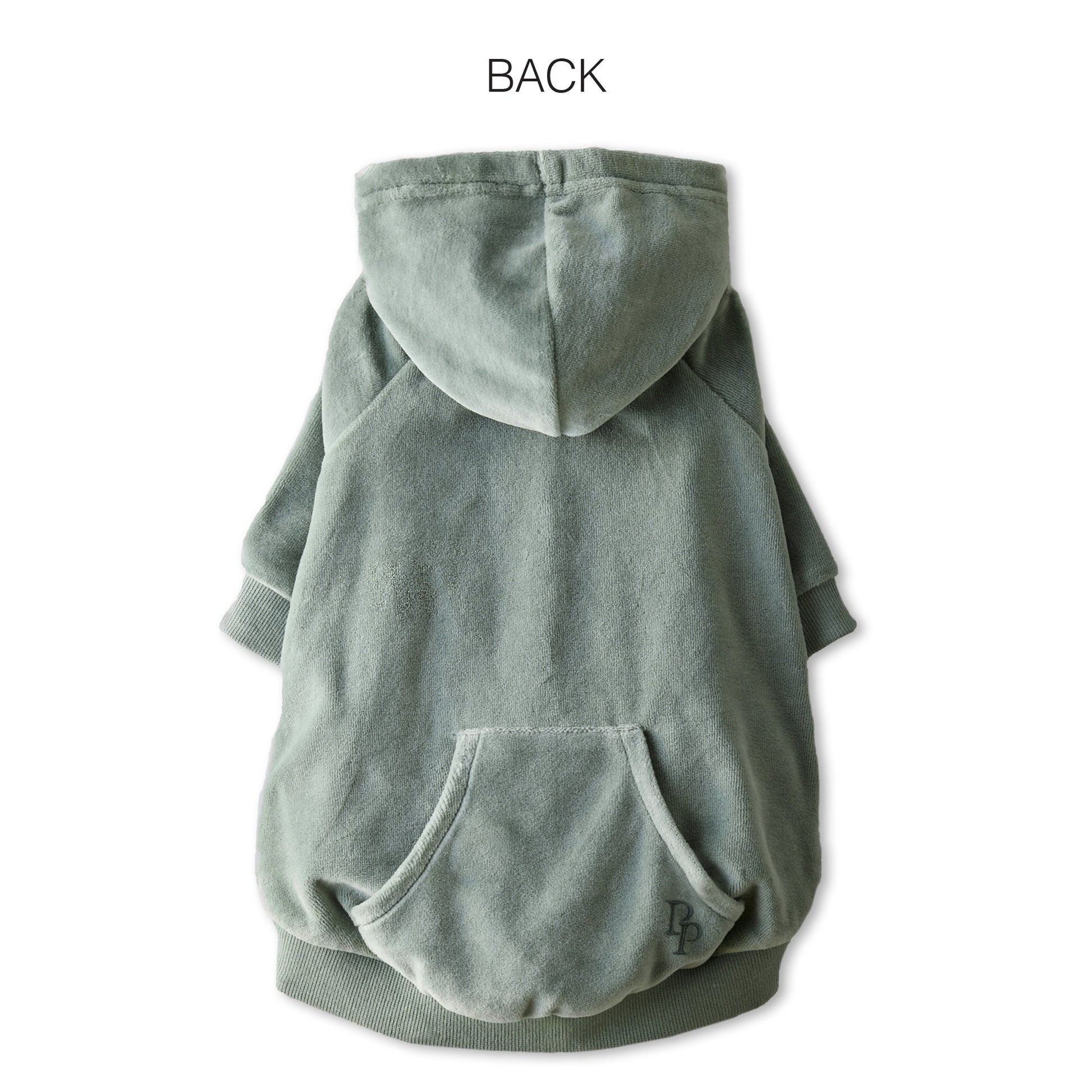 Pet Passion Cooper II cozy velour dog hoodie in Sage — soft organic cotton velour sweatshirt for small to large dogs