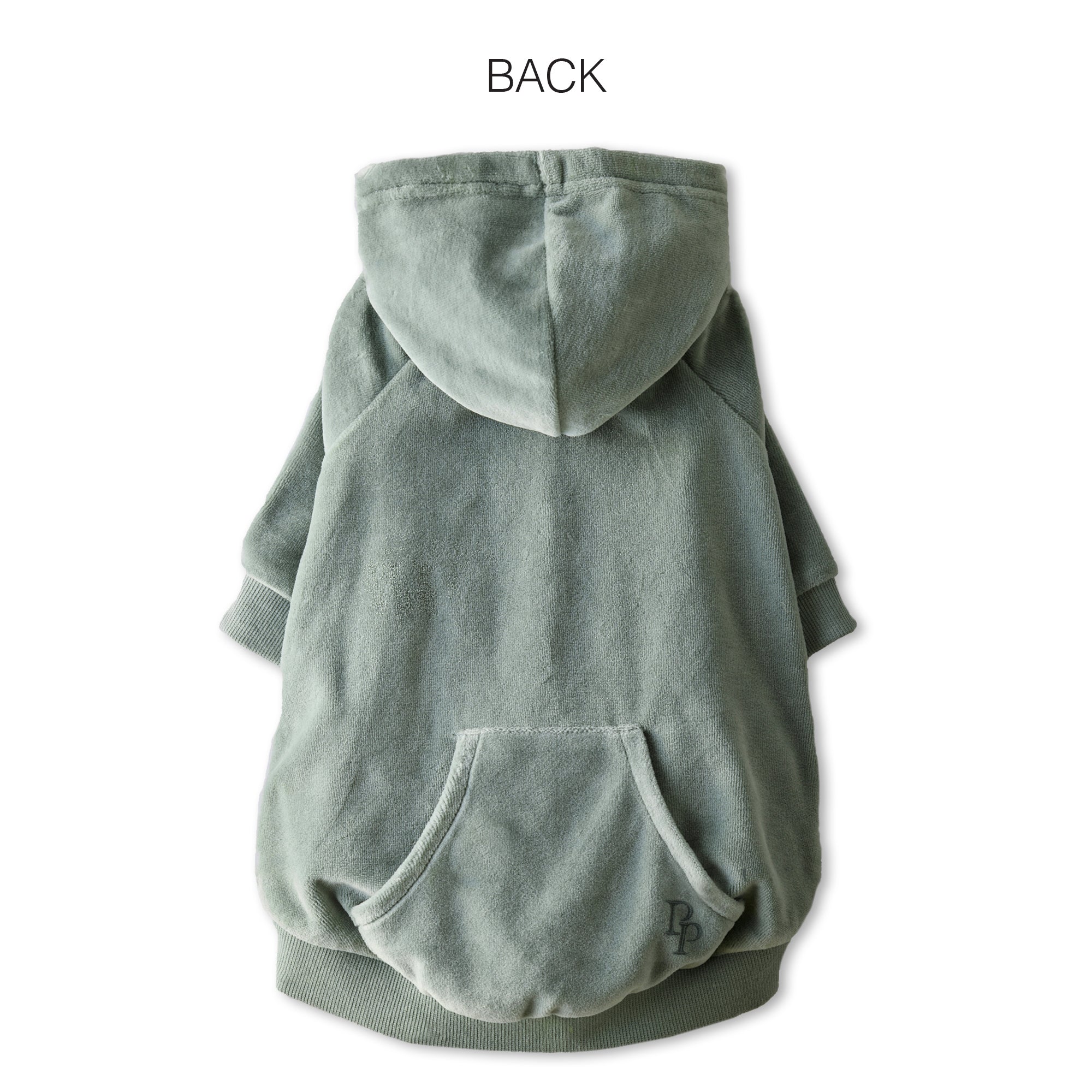 Pet Passion Cooper II cozy velour dog hoodie in Sage — soft organic cotton velour sweatshirt for small to large dogs